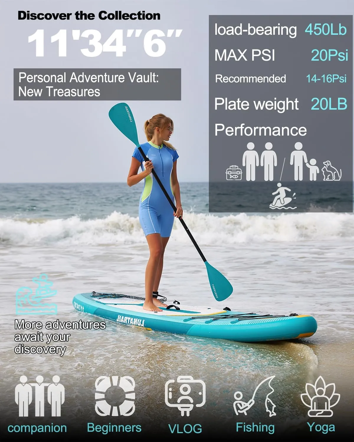 【11'×34"】 Extra Long/Extra Wide Premium Inflatable Stand Up Paddle Board (SUP) – Portable & Lightweight for Yoga, Surfing, Family Fun | Complete Kit with Paddle, Pump, Bag | Durable Design