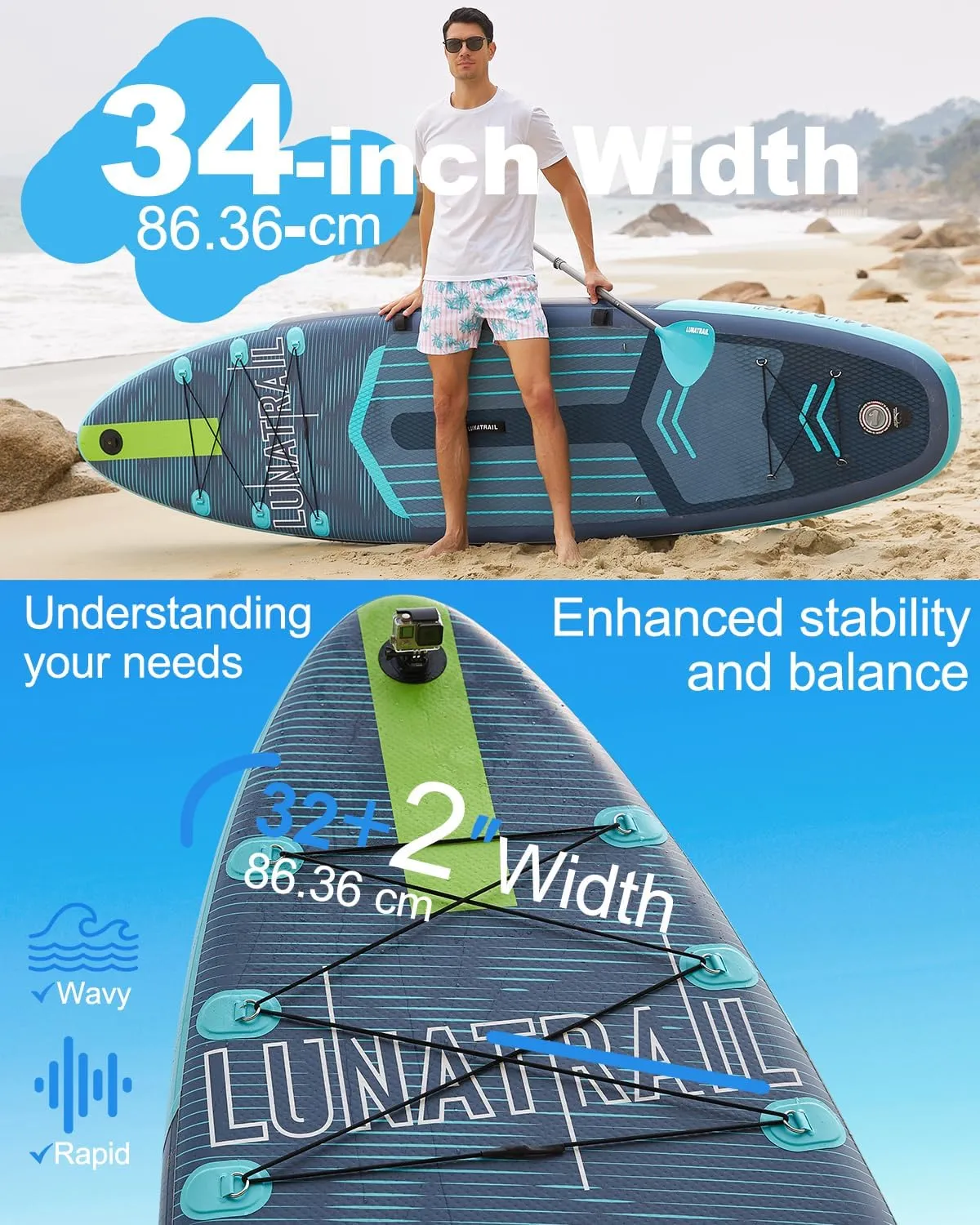 【11'×34"】 Extra Long/Extra Wide Premium Inflatable Stand Up Paddle Board (SUP) – Portable & Lightweight for Yoga, Surfing, Family Fun | Complete Kit with Paddle, Pump, Bag | Durable Design
