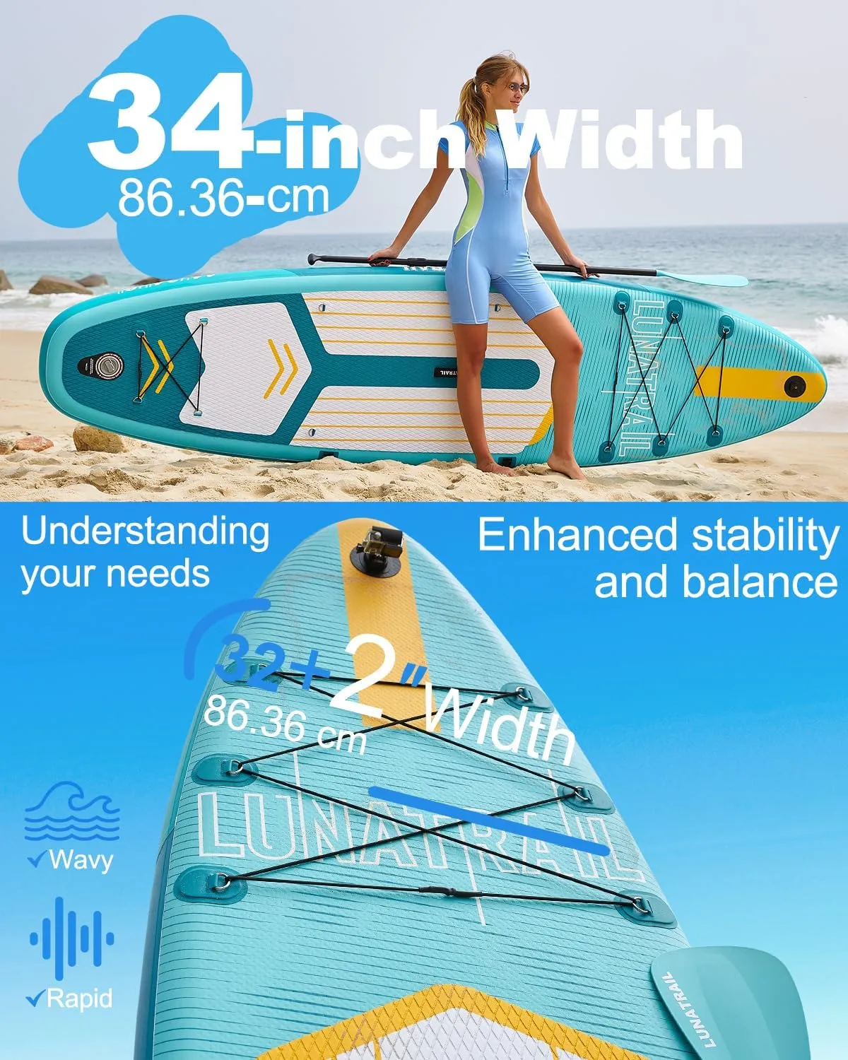 【11'×34"】 Extra Long/Extra Wide Premium Inflatable Stand Up Paddle Board (SUP) – Portable & Lightweight for Yoga, Surfing, Family Fun | Complete Kit with Paddle, Pump, Bag | Durable Design