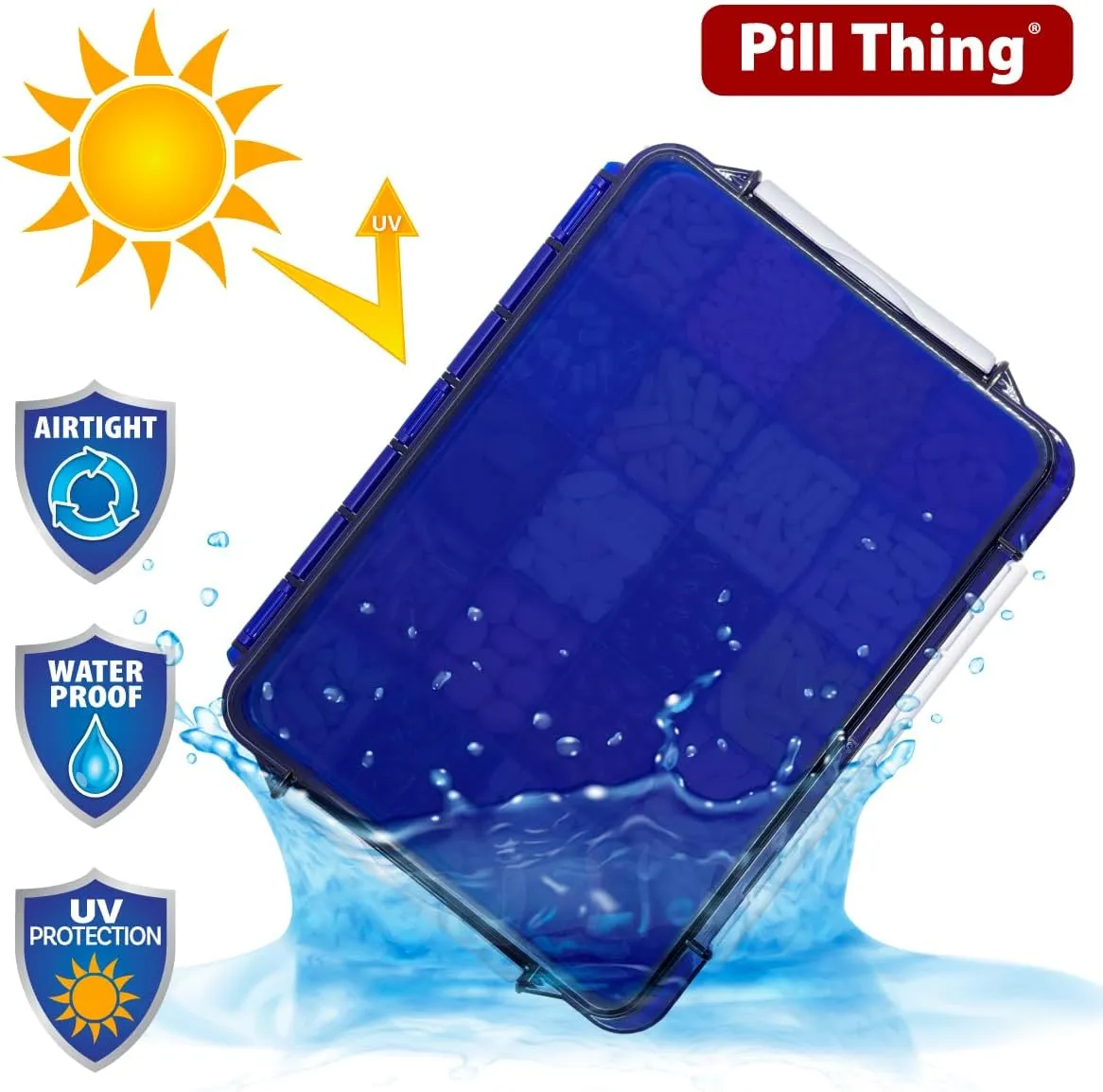 20 Compartment UV Protected Large Cobalt Blue Pill Case with Airtight Seal, Spill Proof, Silicone Gasket Waterproof Med Box with Medication Map (Cobalt Blue, 20 Compartment - 2 Pack)