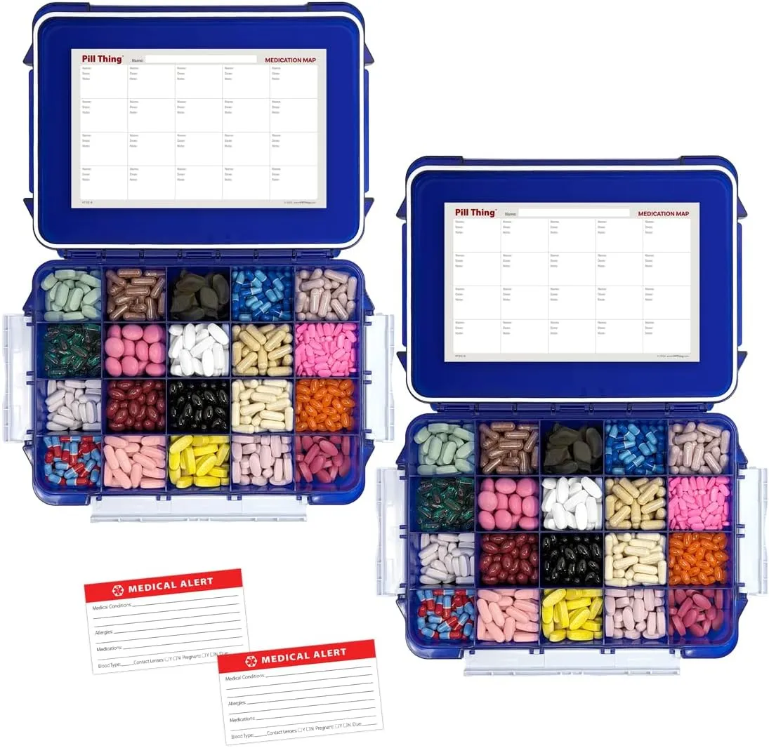 20 Compartment UV Protected Large Cobalt Blue Pill Case with Airtight Seal, Spill Proof, Silicone Gasket Waterproof Med Box with Medication Map (Cobalt Blue, 20 Compartment - 2 Pack)