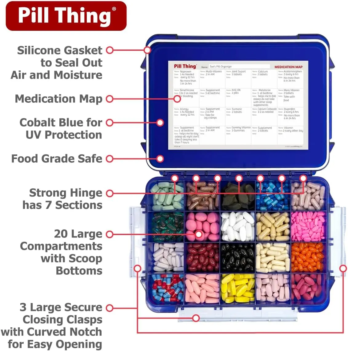 20 Compartment UV Protected Large Cobalt Blue Pill Case with Airtight Seal, Spill Proof, Silicone Gasket Waterproof Med Box with Medication Map (Cobalt Blue, 20 Compartment - 2 Pack)
