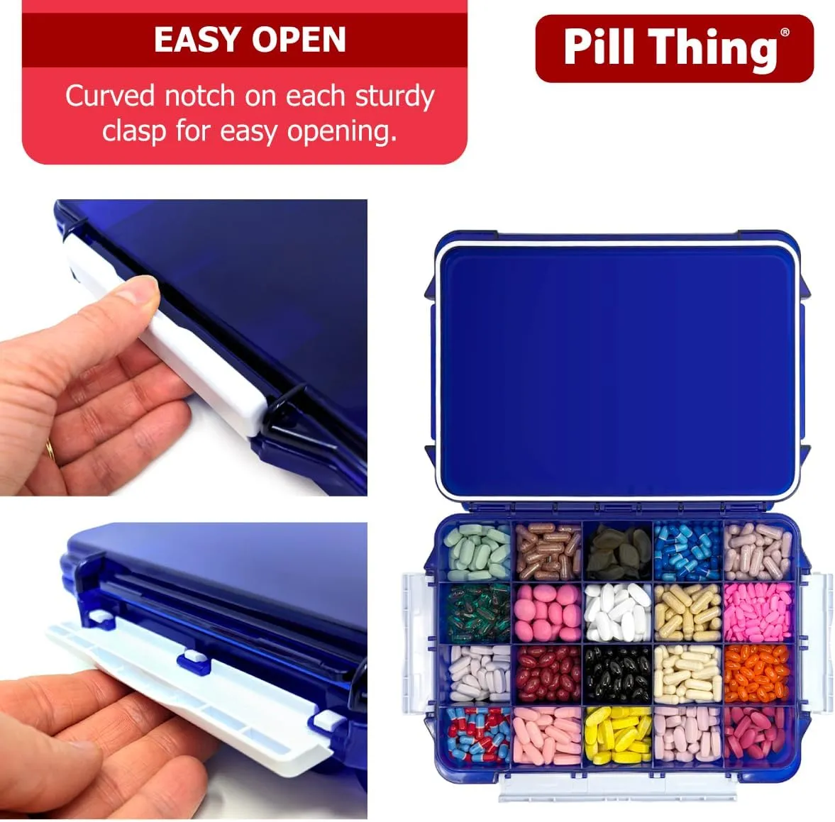 20 Compartment UV Protected Large Cobalt Blue Pill Case with Airtight Seal, Spill Proof, Silicone Gasket Waterproof Med Box with Medication Map (Cobalt Blue, 20 Compartment - 2 Pack)