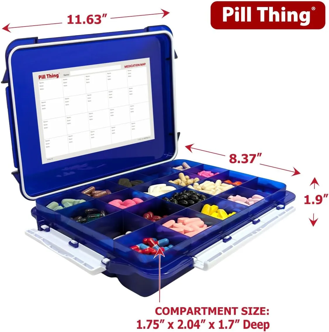 20 Compartment UV Protected Large Cobalt Blue Pill Case with Airtight Seal, Spill Proof, Silicone Gasket Waterproof Med Box with Medication Map (Cobalt Blue, 20 Compartment - 2 Pack)