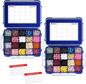 20 Compartment UV Protected Large Cobalt Blue Pill Case with Airtight Seal, Spill Proof, Silicone Gasket Waterproof Med Box with Medication Map (Cobalt Blue, 20 Compartment - 2 Pack)