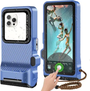 2025 Professiona Waterproof Phone Case, Outdoor Diving Snorkeling Swimming Surfing Underwater Touch Screen Housing Cover for iPhone 16 Pro Max Samsung S25 Ultra No More Than 6.9 Inch (Blue Black)