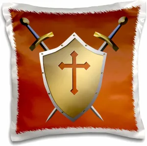 3dRose pc_40080_1 Golden Shield with Crossed Swords and The Christian Cross and Background in Cognac-Pillow Case, 16 by 16"