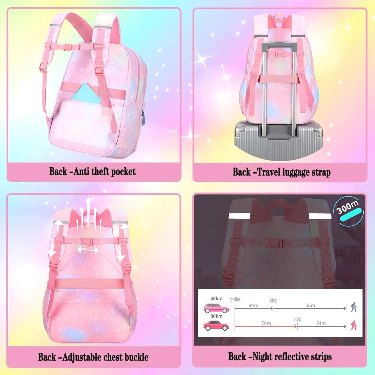 3pcs Girls Backpack,Cute Rainbow School Backpack for Kids Children with Insulated Lunch Box Pencil Case Set