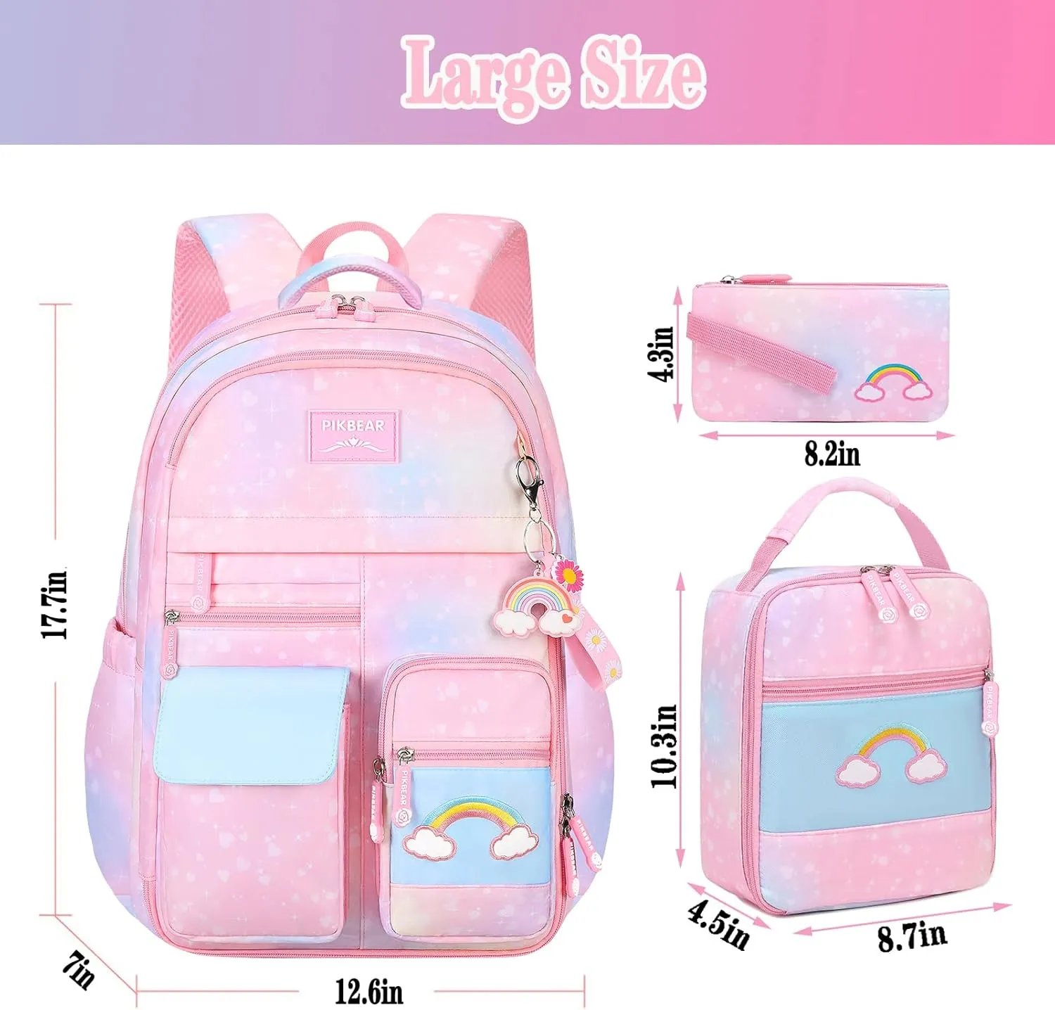 3pcs Girls Backpack,Cute Rainbow School Backpack for Kids Children with Insulated Lunch Box Pencil Case Set