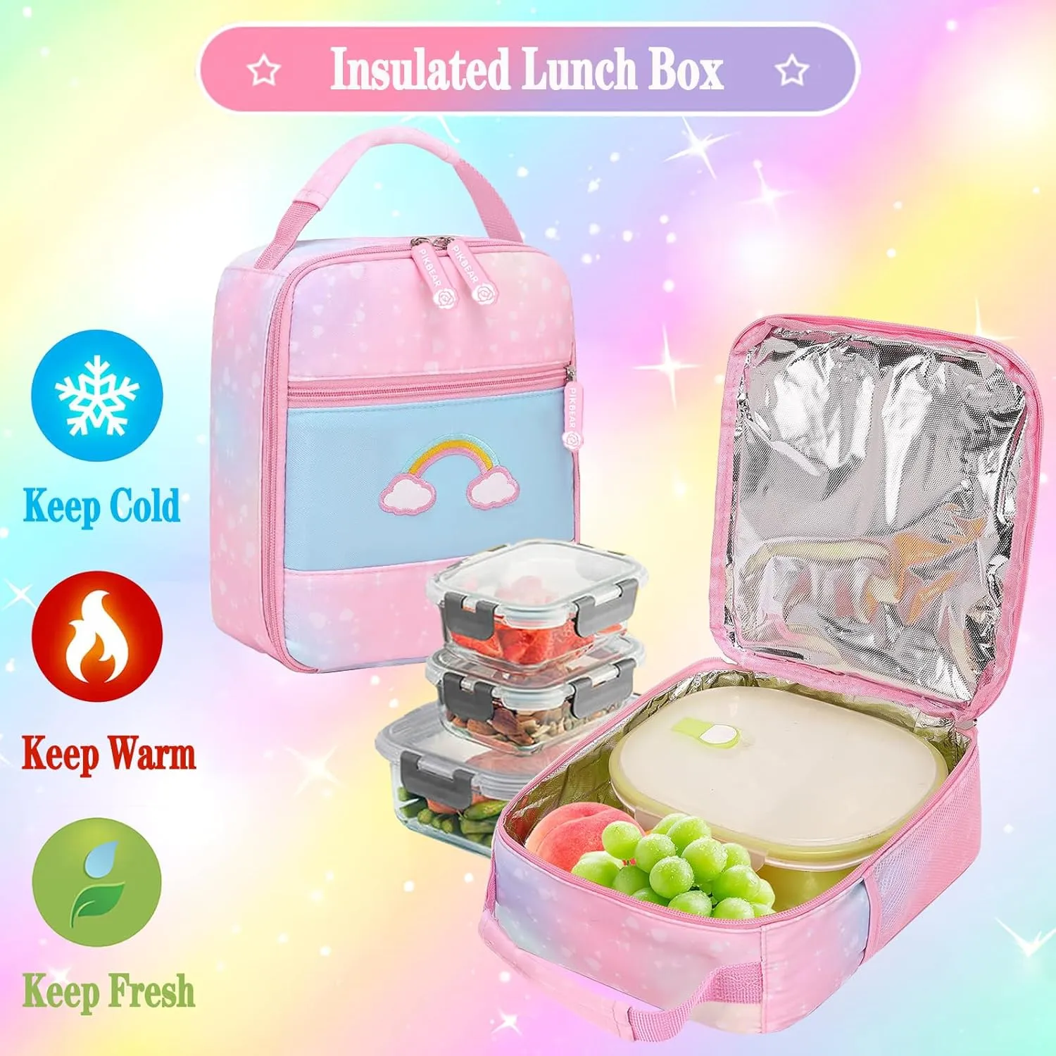 3pcs Girls Backpack,Cute Rainbow School Backpack for Kids Children with Insulated Lunch Box Pencil Case Set