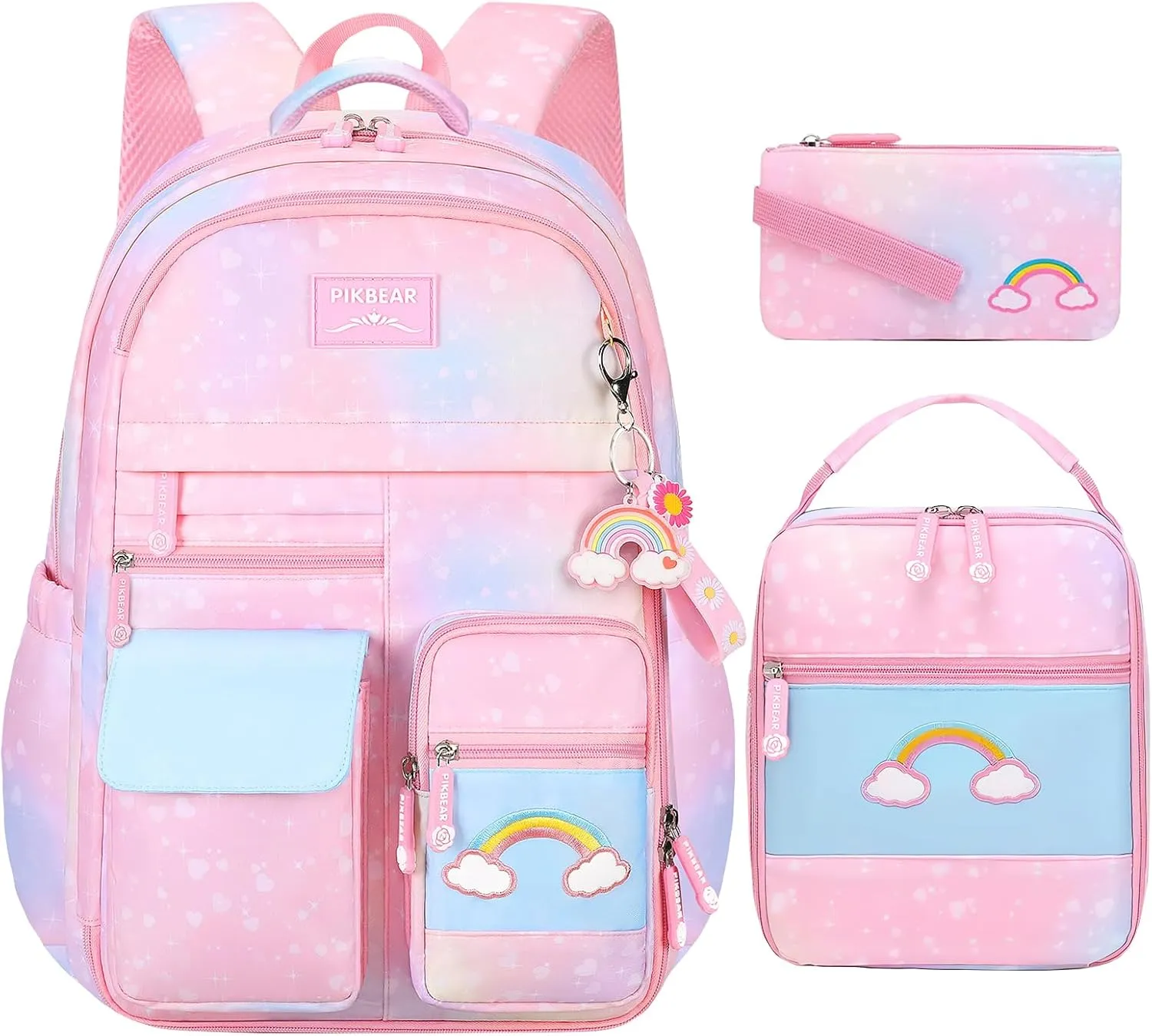 3pcs Girls Backpack,Cute Rainbow School Backpack for Kids Children with Insulated Lunch Box Pencil Case Set