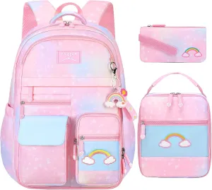3pcs Girls Backpack,Cute Rainbow School Backpack for Kids Children with Insulated Lunch Box Pencil Case Set