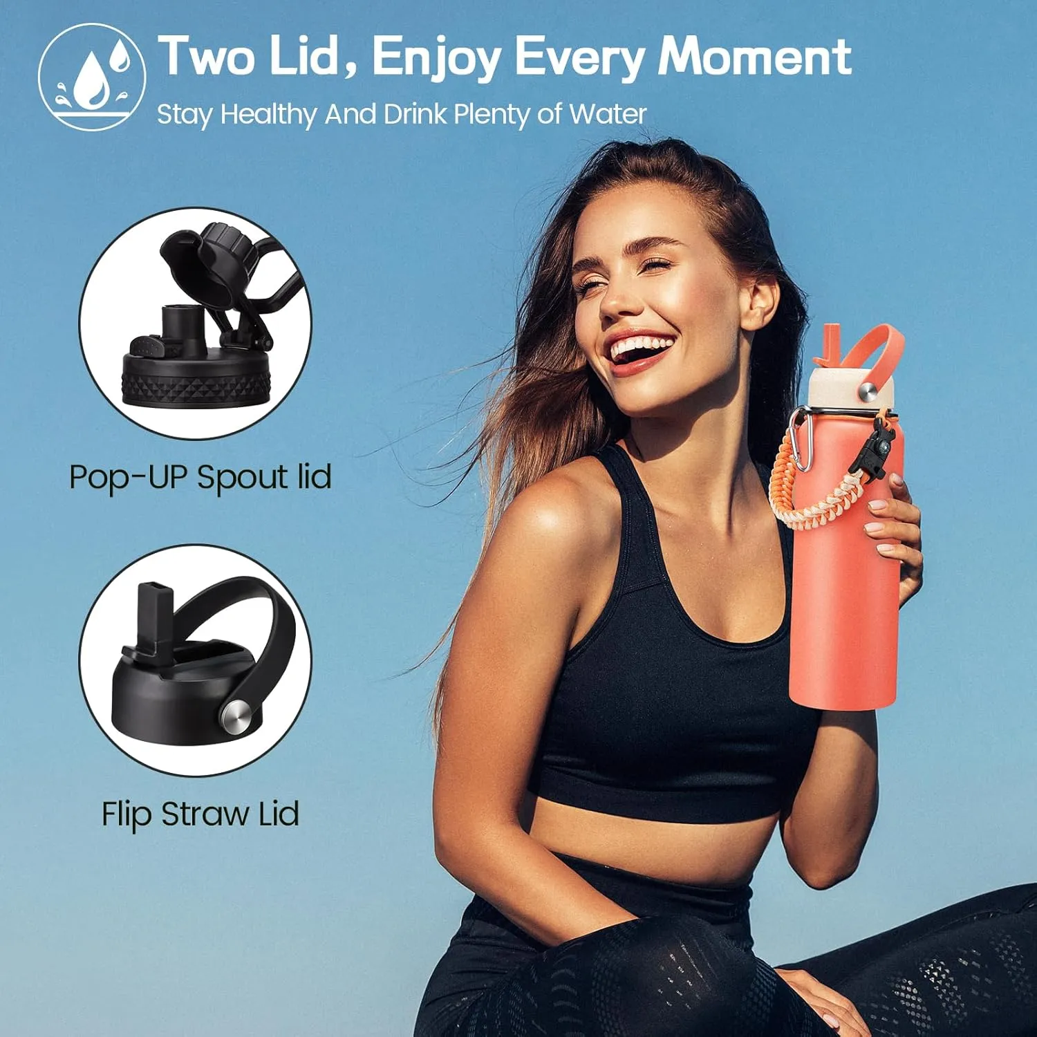 40 oz Insulated Water Bottle with Straw - 40oz Stainless Steel Water Bottles Keep Cold-48h & Hot-24h, Metal Canteen Thermo with Paracord Handle & Bottle Sleeve with Strap