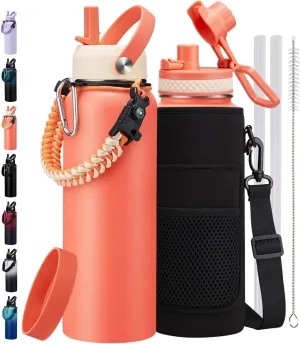 40 oz Insulated Water Bottle with Straw - 40oz Stainless Steel Water Bottles Keep Cold-48h & Hot-24h, Metal Canteen Thermo with Paracord Handle & Bottle Sleeve with Strap
