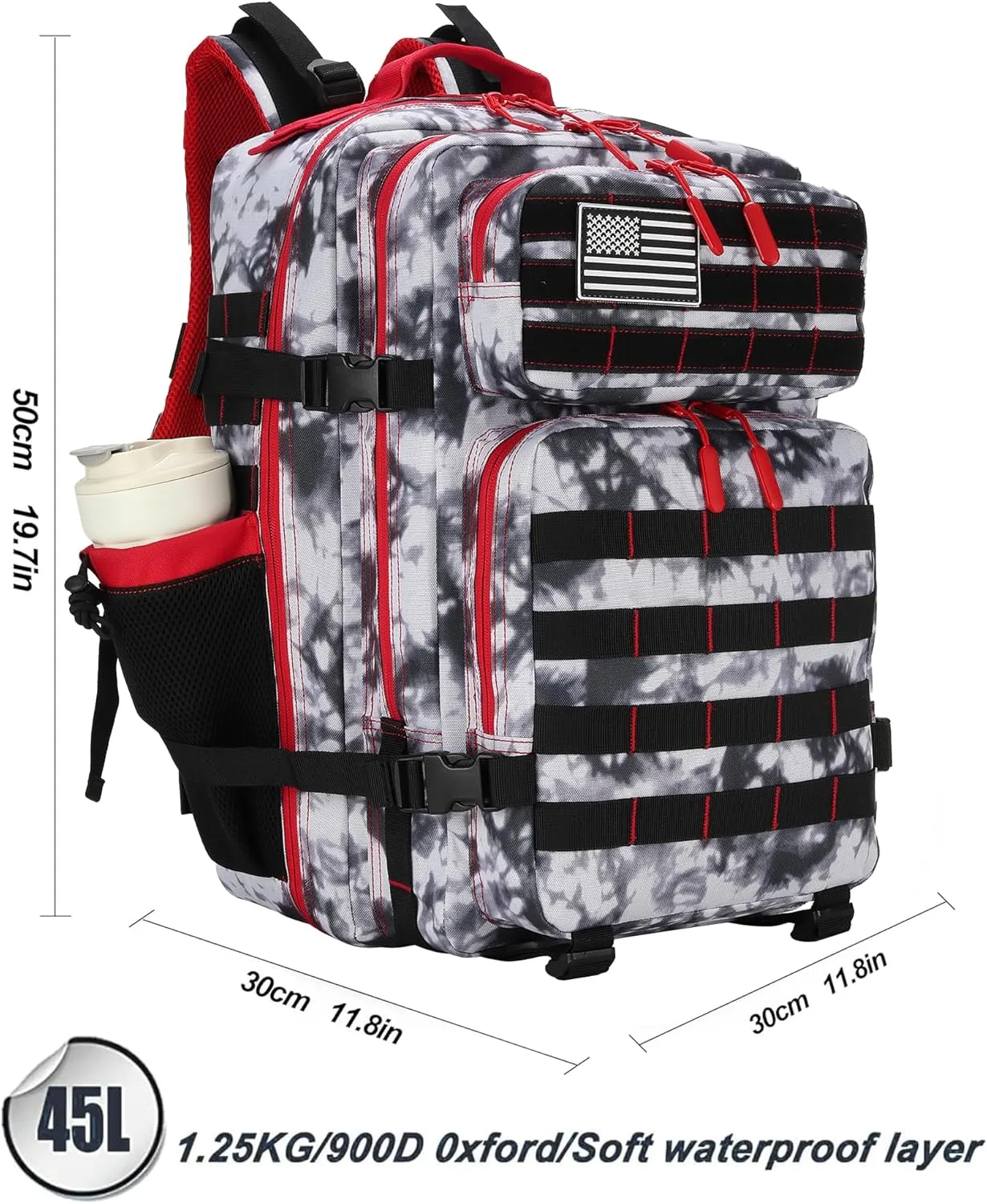 45L Tactical Assault Backpack 3 day assault pack with Molle Waterproof backpack Rucksack for Tactical Backpacks (Black White Red)