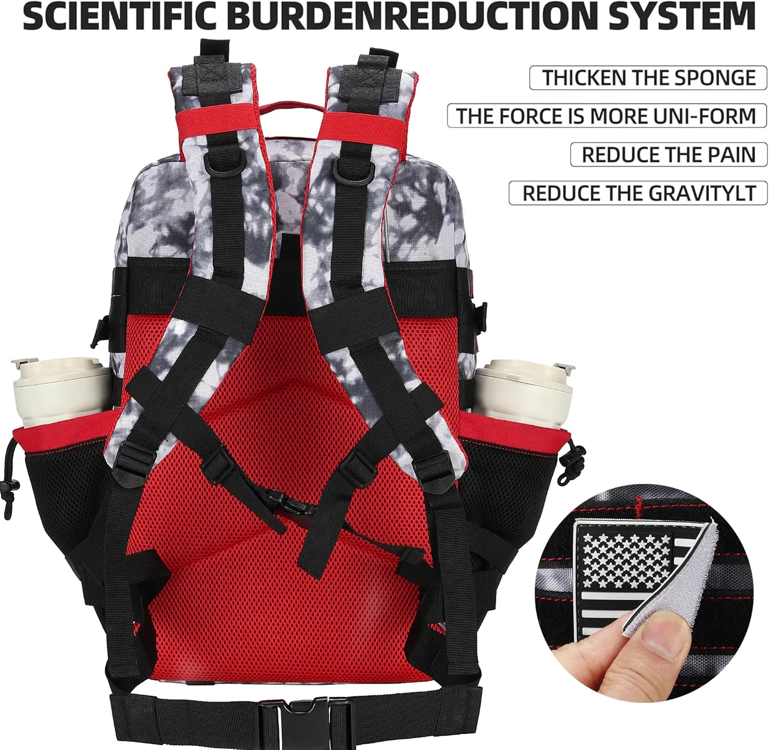 45L Tactical Assault Backpack 3 day assault pack with Molle Waterproof backpack Rucksack for Tactical Backpacks (Black White Red)