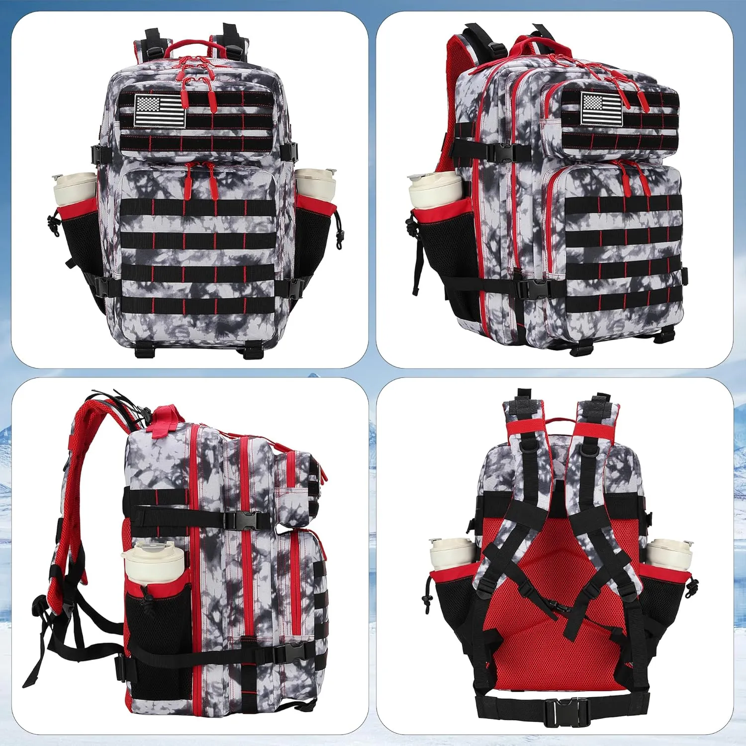 45L Tactical Assault Backpack 3 day assault pack with Molle Waterproof backpack Rucksack for Tactical Backpacks (Black White Red)