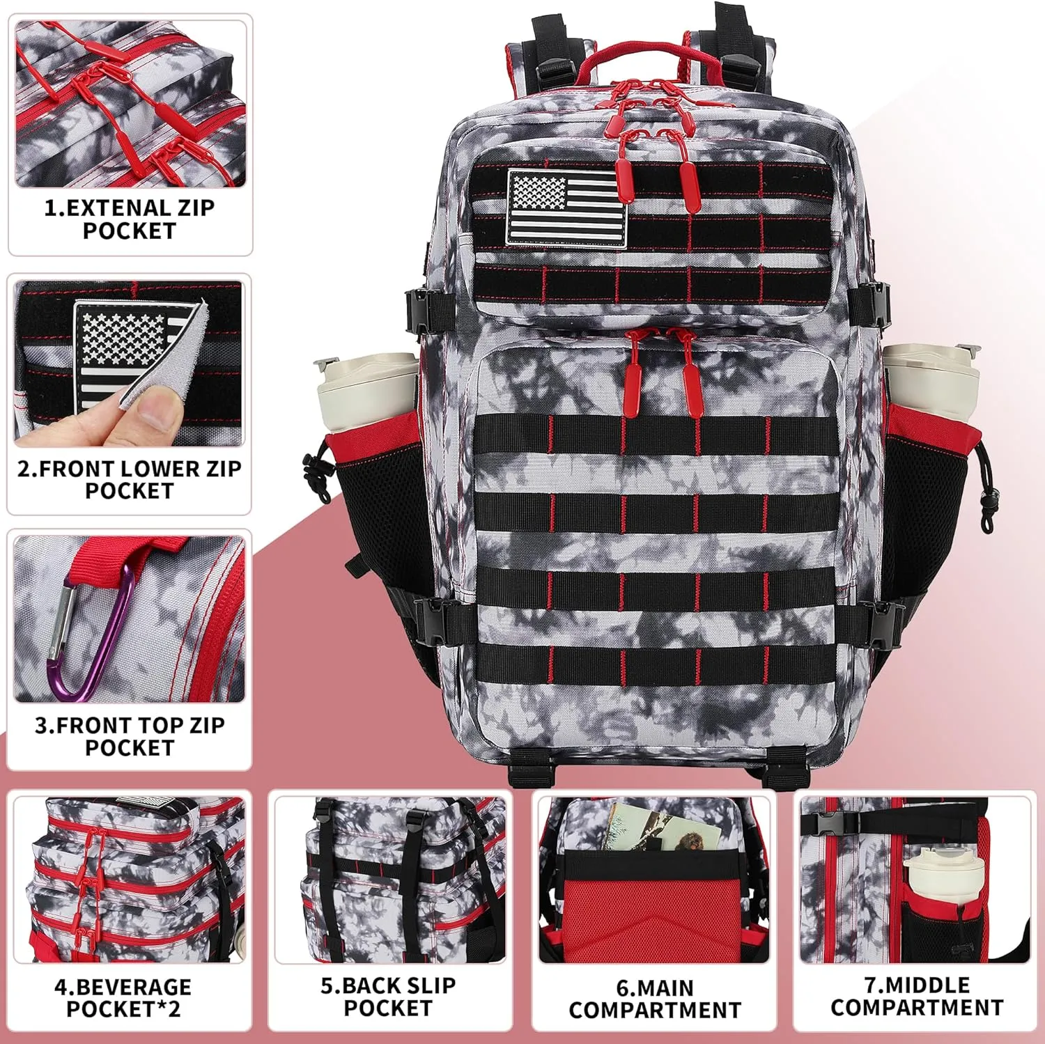 45L Tactical Assault Backpack 3 day assault pack with Molle Waterproof backpack Rucksack for Tactical Backpacks (Black White Red)