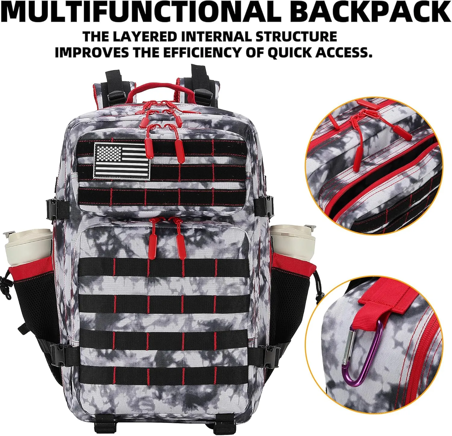 45L Tactical Assault Backpack 3 day assault pack with Molle Waterproof backpack Rucksack for Tactical Backpacks (Black White Red)