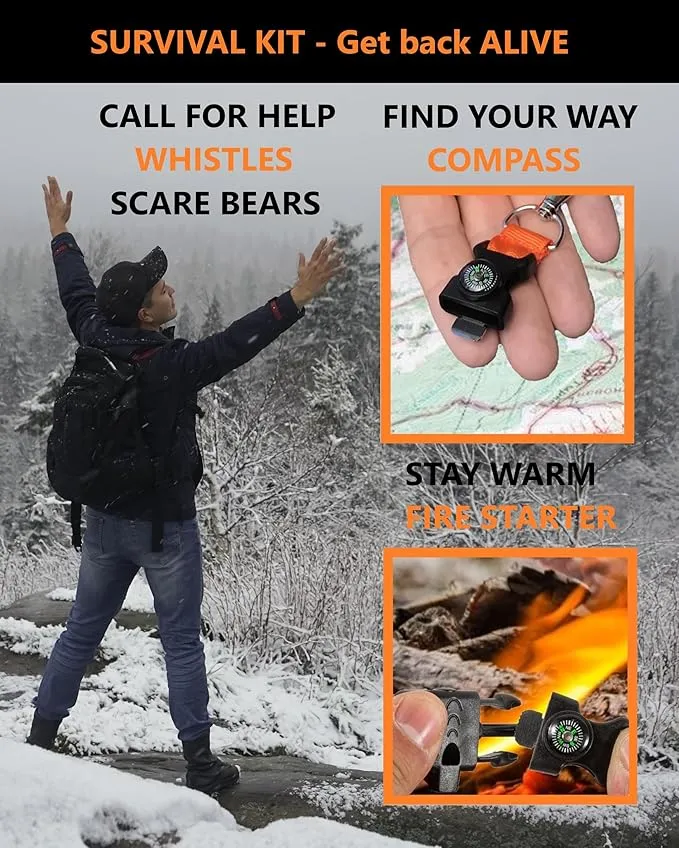 5-in-1 Tactical Keychain Lanyard for Hiking Fishing Hunting & Outdoor Emergencies | Multipurpose Survival Safety Tool with Compass, Emergency Whistle, Fire Starter (2 Pack Black/Orange)