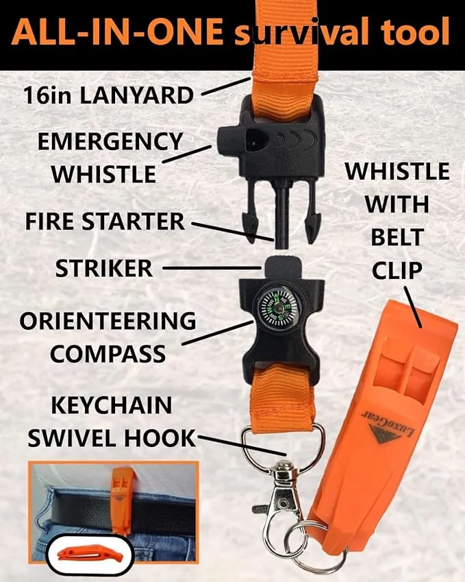 5-in-1 Tactical Keychain Lanyard for Hiking Fishing Hunting & Outdoor Emergencies | Multipurpose Survival Safety Tool with Compass, Emergency Whistle, Fire Starter (2 Pack Black/Orange)