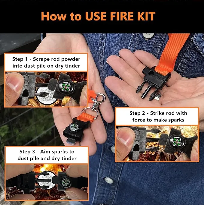 5-in-1 Tactical Keychain Lanyard for Hiking Fishing Hunting & Outdoor Emergencies | Multipurpose Survival Safety Tool with Compass, Emergency Whistle, Fire Starter (2 Pack Black/Orange)