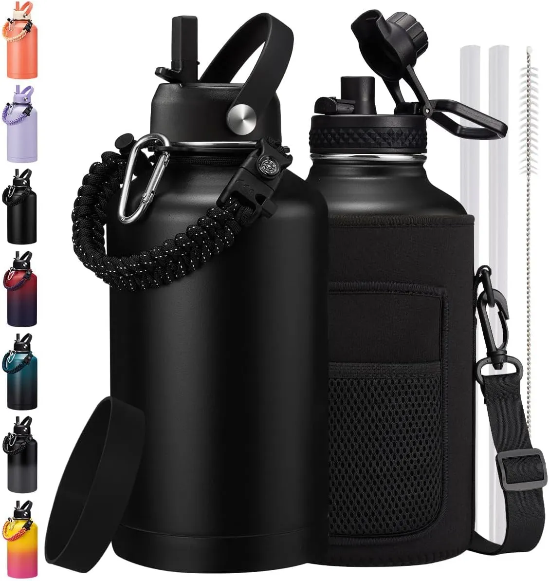64/128 oz Water Bottle with Straw & Spout Lids, Keep Cold 48H, Half Gallon Insuated Water Bottle with Paracord Handle & Carrier Bag, 1/2 Gal Water Jug Stainless Steel Metal Flask for Man Woman Gym