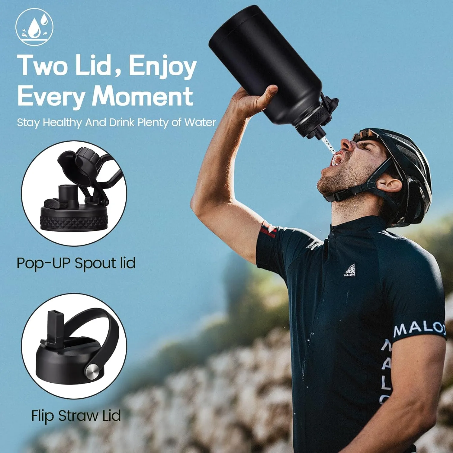 64/128 oz Water Bottle with Straw & Spout Lids, Keep Cold 48H, Half Gallon Insuated Water Bottle with Paracord Handle & Carrier Bag, 1/2 Gal Water Jug Stainless Steel Metal Flask for Man Woman Gym