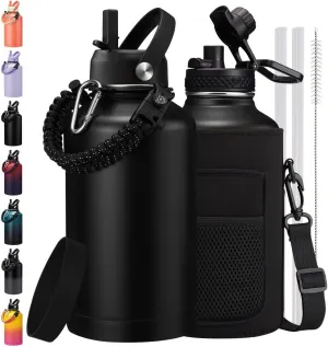 64/128 oz Water Bottle with Straw & Spout Lids, Keep Cold 48H, Half Gallon Insuated Water Bottle with Paracord Handle & Carrier Bag, 1/2 Gal Water Jug Stainless Steel Metal Flask for Man Woman Gym