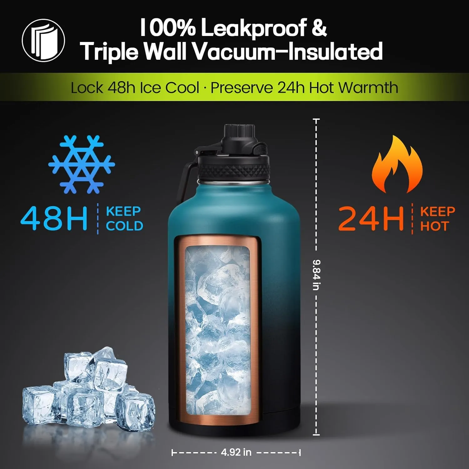 64oz/Half Gallon Insuated Water Bottle, (Keep Cold 48H), Leak Proof Food-Grade Stainless Steel Water Jug With Straw Lid and Atuo Spout Lid, Portable Paracord Handle & Carrier Bag Black Gray