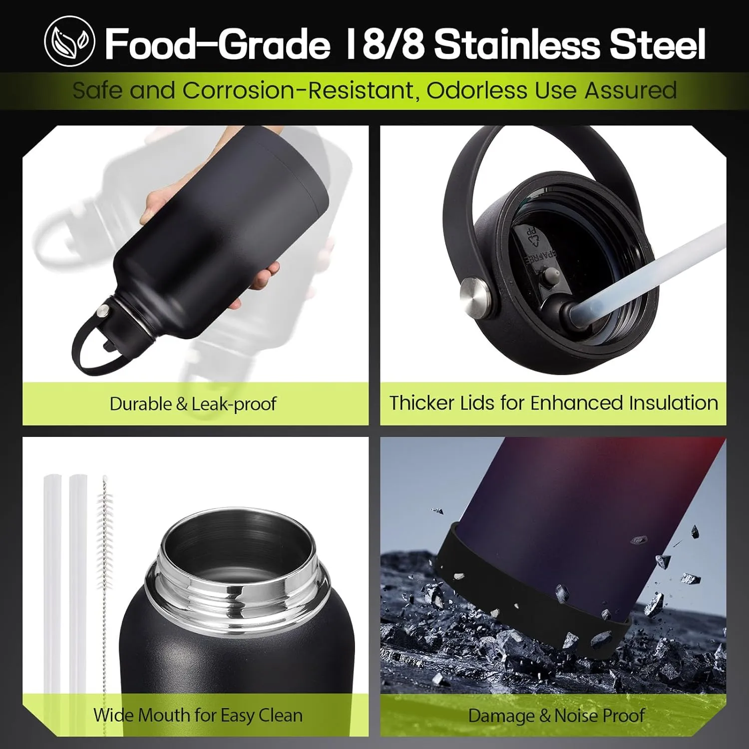 64oz/Half Gallon Insuated Water Bottle, (Keep Cold 48H), Leak Proof Food-Grade Stainless Steel Water Jug With Straw Lid and Atuo Spout Lid, Portable Paracord Handle & Carrier Bag Black Gray