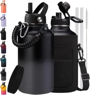 64oz/Half Gallon Insuated Water Bottle, (Keep Cold 48H), Leak Proof Food-Grade Stainless Steel Water Jug With Straw Lid and Atuo Spout Lid, Portable Paracord Handle & Carrier Bag Black Gray
