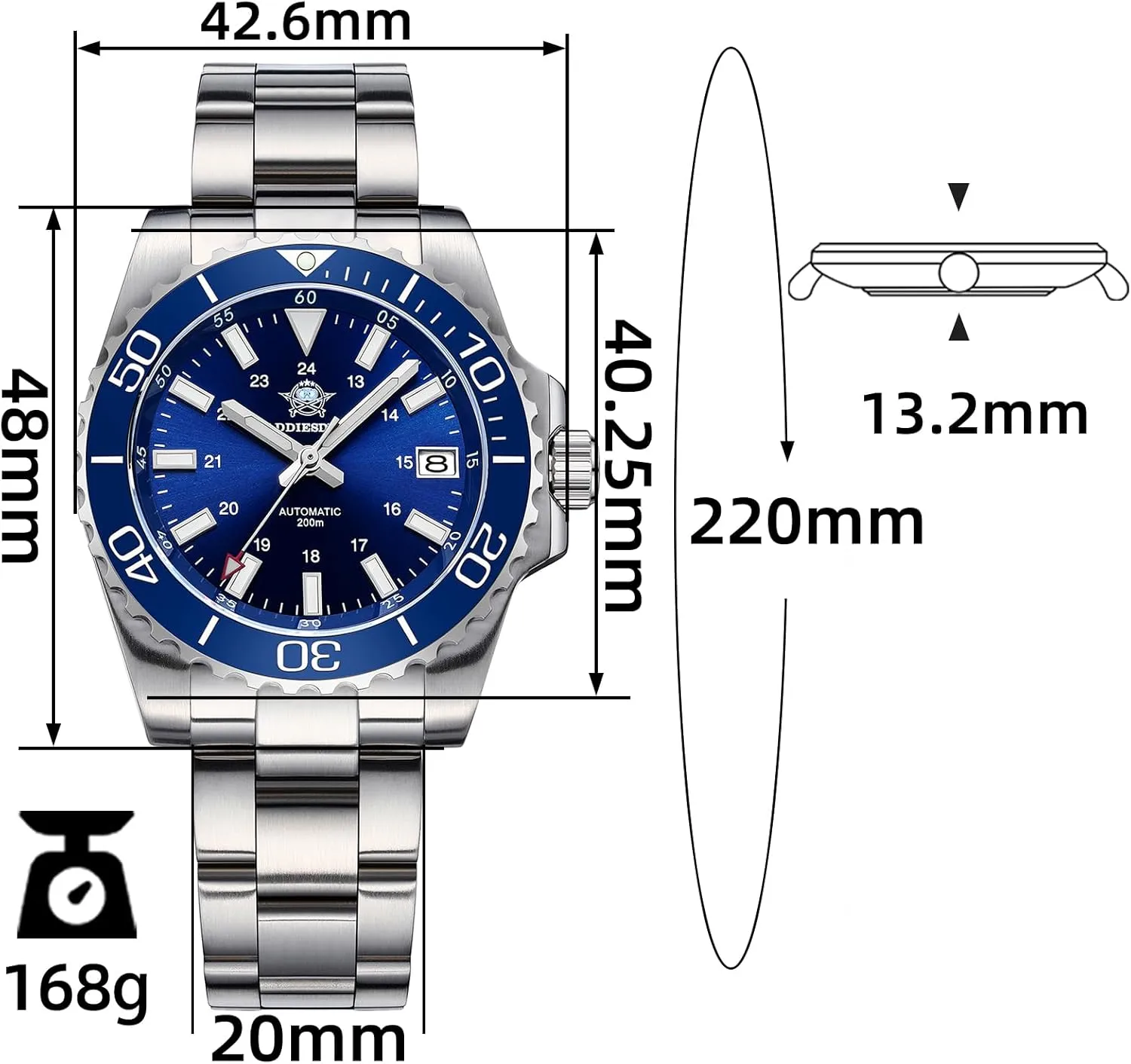 ADDIESDIVE Men's Automatic Dive Watch NH35 Sunray Brushed Dial 200M Waterproof Synthetic Sapphire Super Luminous Stainless Steel Diving Watch for Outdoor