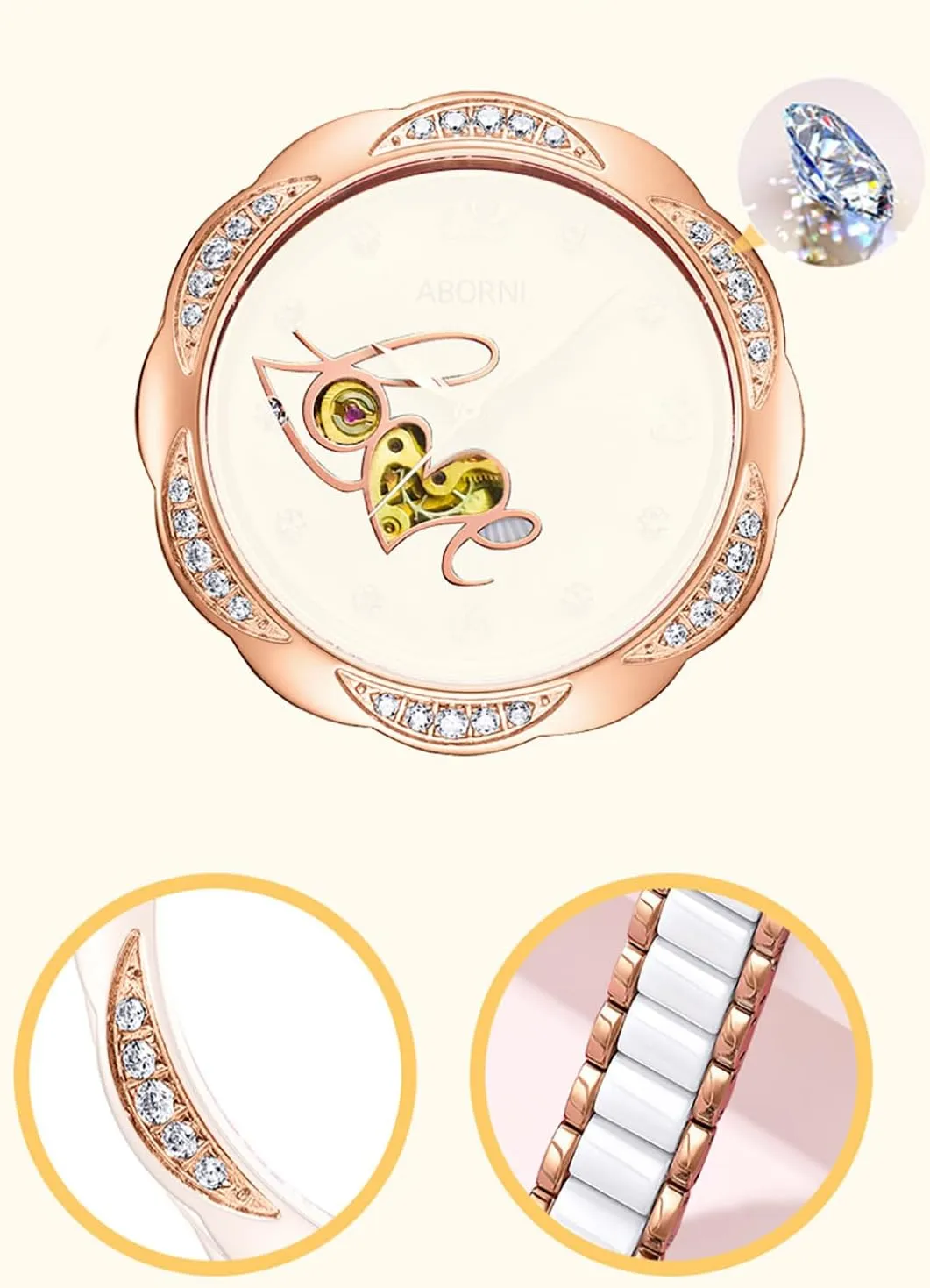 ADSBIAOYE Womens Automatic Watch Diamond Watches for Women Fashion Waterproof Ladies Dress Watch Two Tone Stainless Steel Ceramic Watch