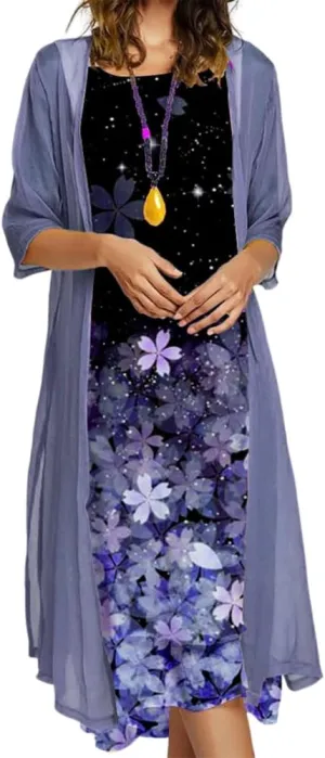 Akivide Womens Two-Piece Set Floral Print Midi Dress with Cardigan Chiffon Sleeveless Plus Size Wedding Guest Dresses