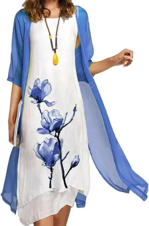 Akivide Womens Two-Piece Set Floral Print Midi Dress with Cardigan Chiffon Sleeveless Plus Size Wedding Guest Dresses