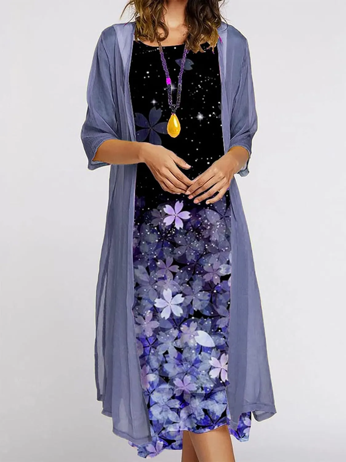 Akivide Womens Two-Piece Set Floral Print Midi Dress with Cardigan Chiffon Sleeveless Plus Size Wedding Guest Dresses