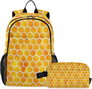 ALAZA Orange Gradient Honeycomb Yellow Hexagon Backpack and Lunch Bag Set for Girls Boys Kids School Bag Bookbags Elementary Back Pack Casual Daypack