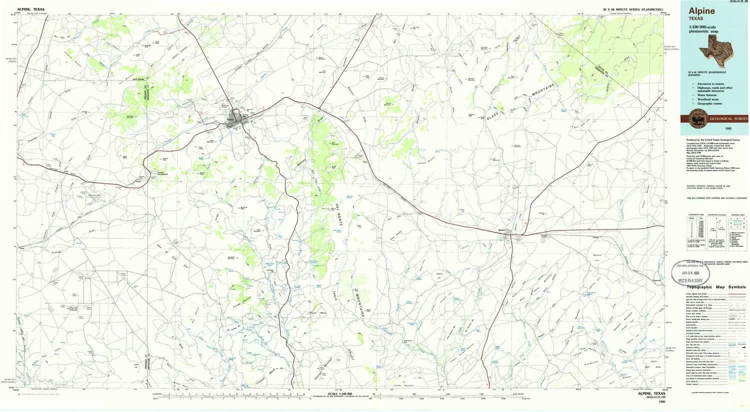 Alpine TX topo map, 1:100000 Scale, 30 X 60 Minute, Historical, 1985, Updated 1985, 24.1 x 43.9 in