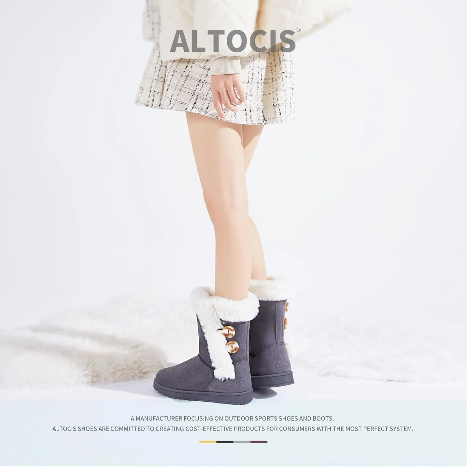 ALTOCIS Women’s Fur Lined Winter Snow Boots Short Mid Calf Fashion Boot Art Resin Button Faux Suede Boots for Women
