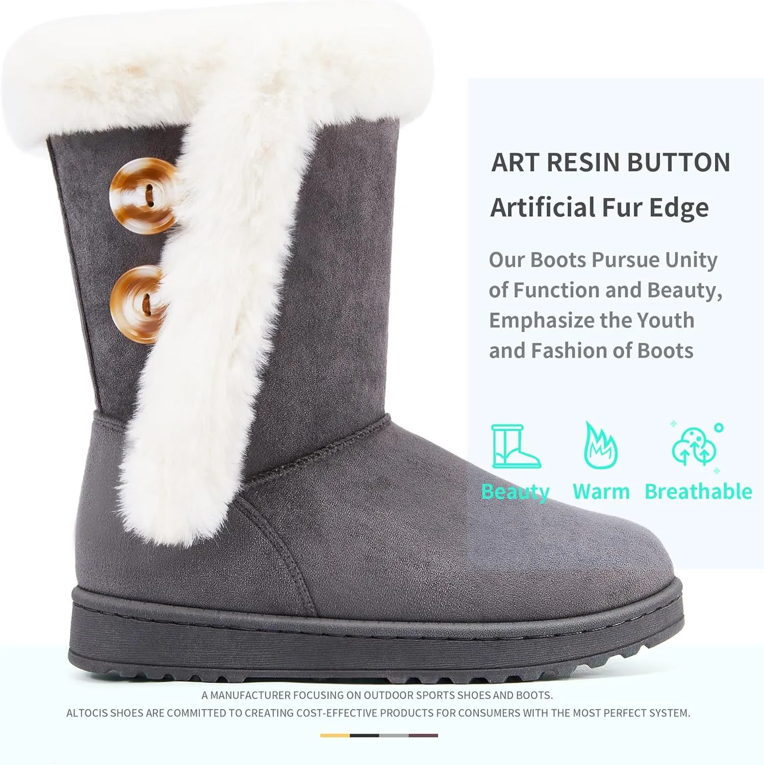 ALTOCIS Women’s Fur Lined Winter Snow Boots Short Mid Calf Fashion Boot Art Resin Button Faux Suede Boots for Women