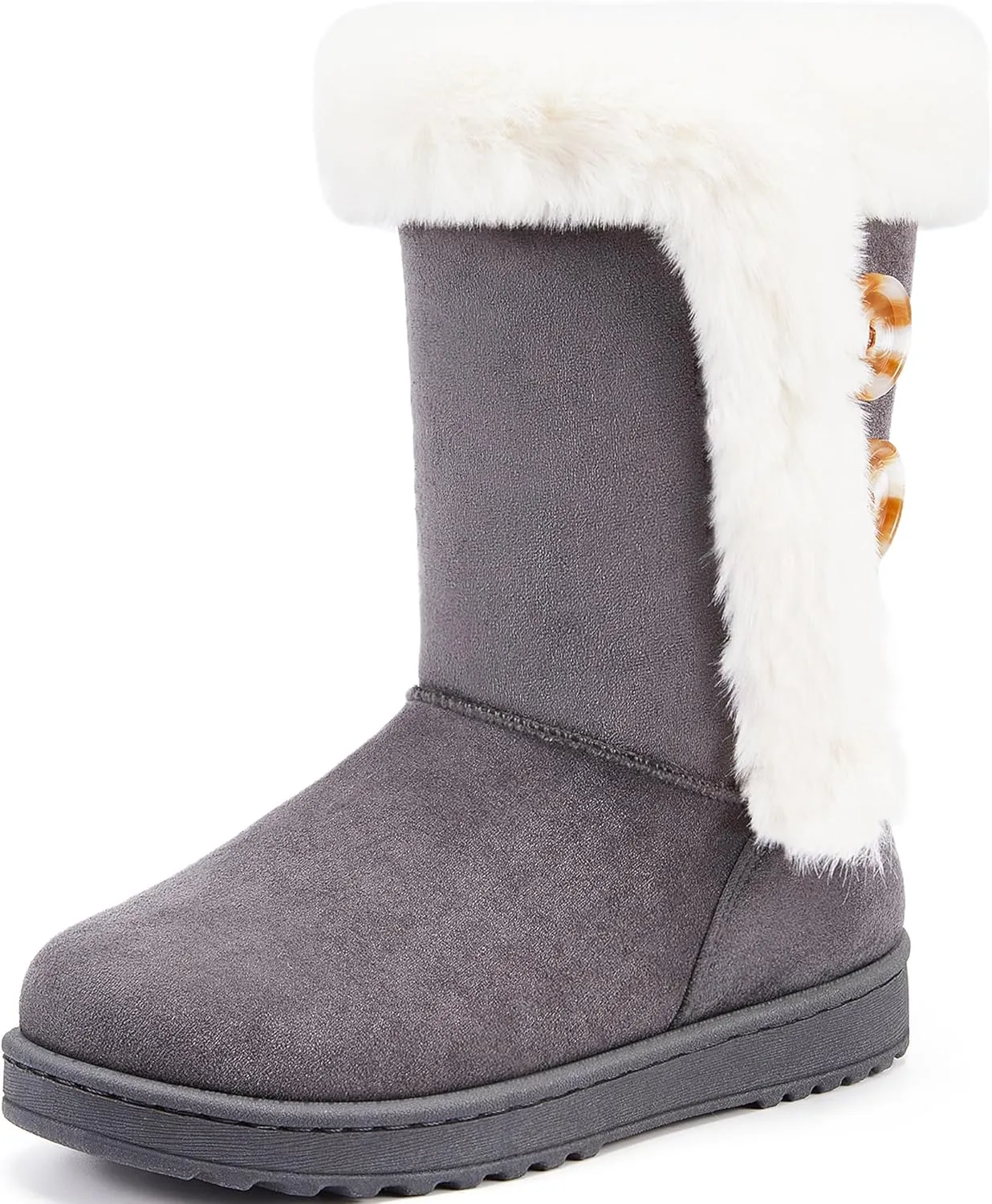 ALTOCIS Women’s Fur Lined Winter Snow Boots Short Mid Calf Fashion Boot Art Resin Button Faux Suede Boots for Women