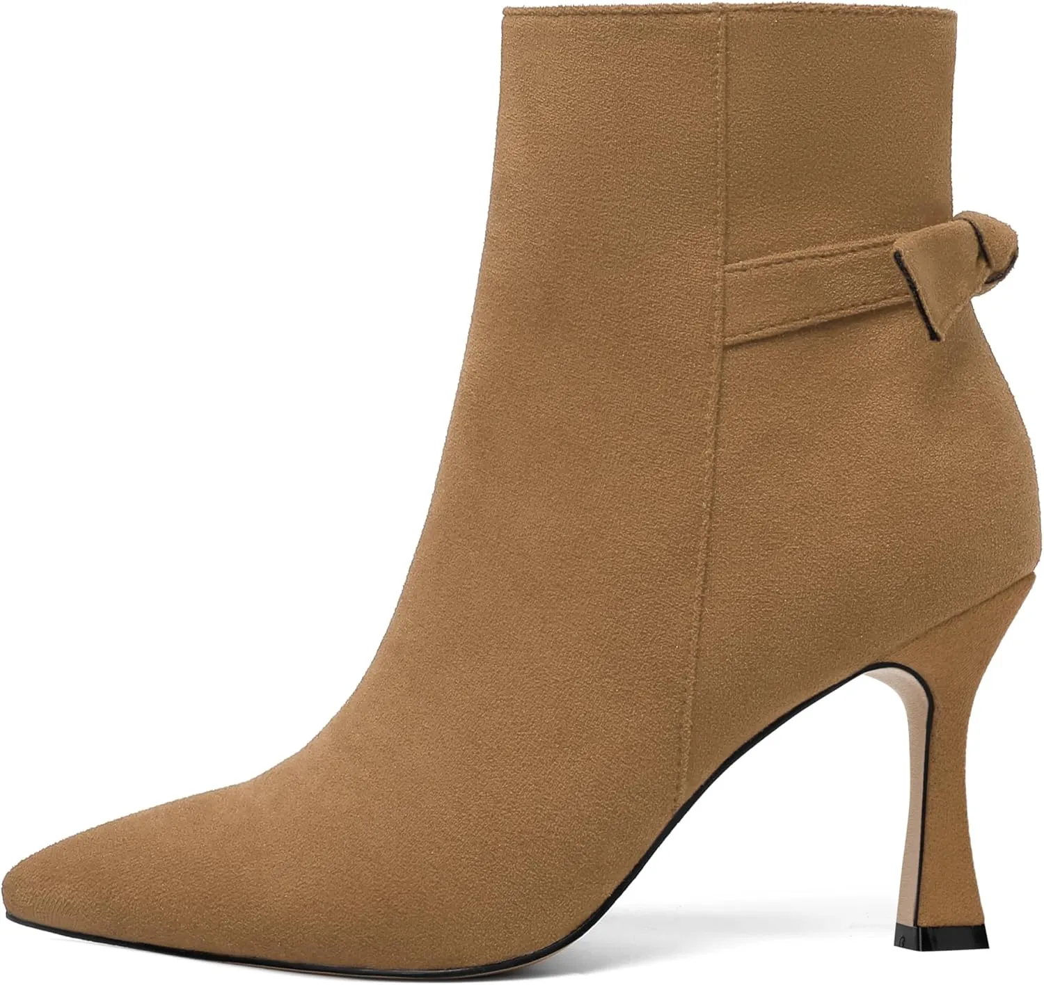 AMBELIGHT Womens Dating Solid Suede Dress Pointed Toe Zip Spool High Heel Ankle High Boots 3.3 Inch