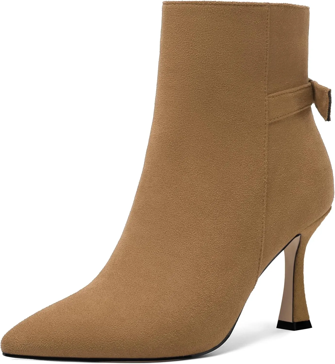 AMBELIGHT Womens Dating Solid Suede Dress Pointed Toe Zip Spool High Heel Ankle High Boots 3.3 Inch