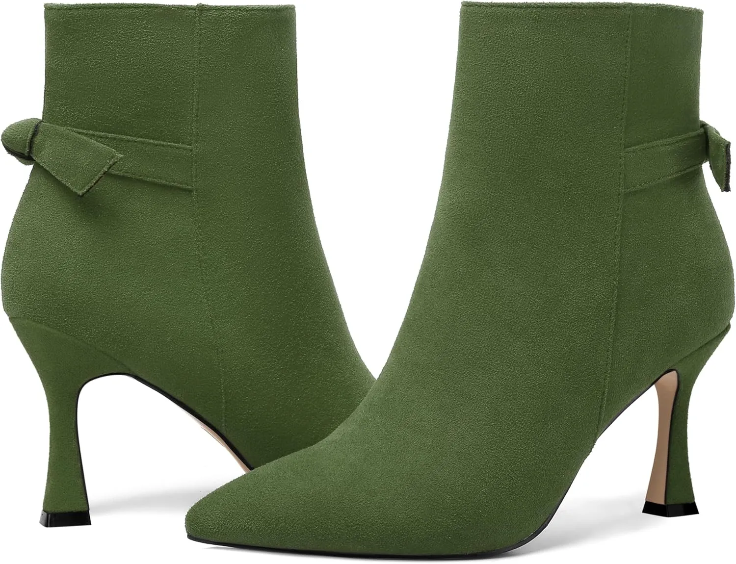 AMBELIGHT Womens Dating Solid Suede Dress Pointed Toe Zip Spool High Heel Ankle High Boots 3.3 Inch