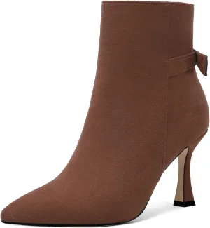 AMBELIGHT Womens Dating Solid Suede Dress Pointed Toe Zip Spool High Heel Ankle High Boots 3.3 Inch