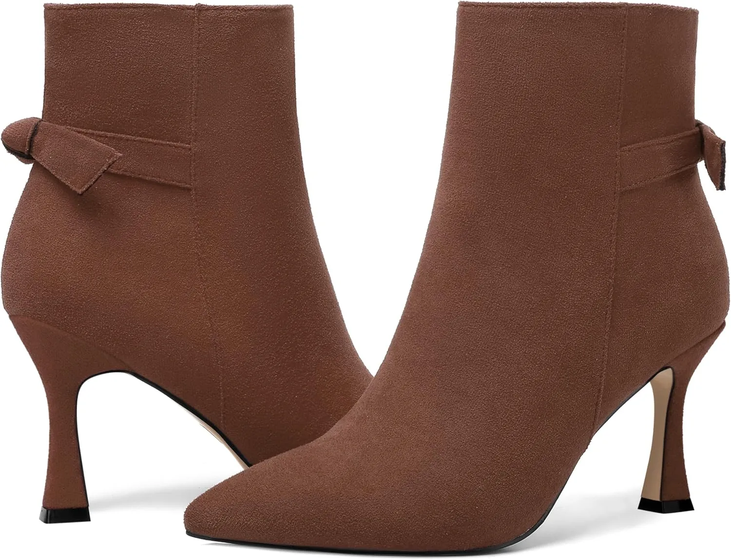 AMBELIGHT Womens Dating Solid Suede Dress Pointed Toe Zip Spool High Heel Ankle High Boots 3.3 Inch