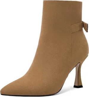 AMBELIGHT Womens Dating Solid Suede Dress Pointed Toe Zip Spool High Heel Ankle High Boots 3.3 Inch