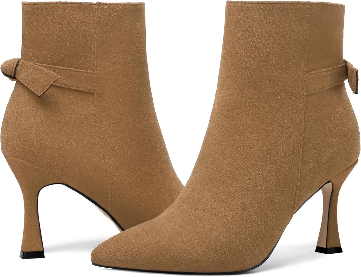 AMBELIGHT Womens Dating Solid Suede Dress Pointed Toe Zip Spool High Heel Ankle High Boots 3.3 Inch