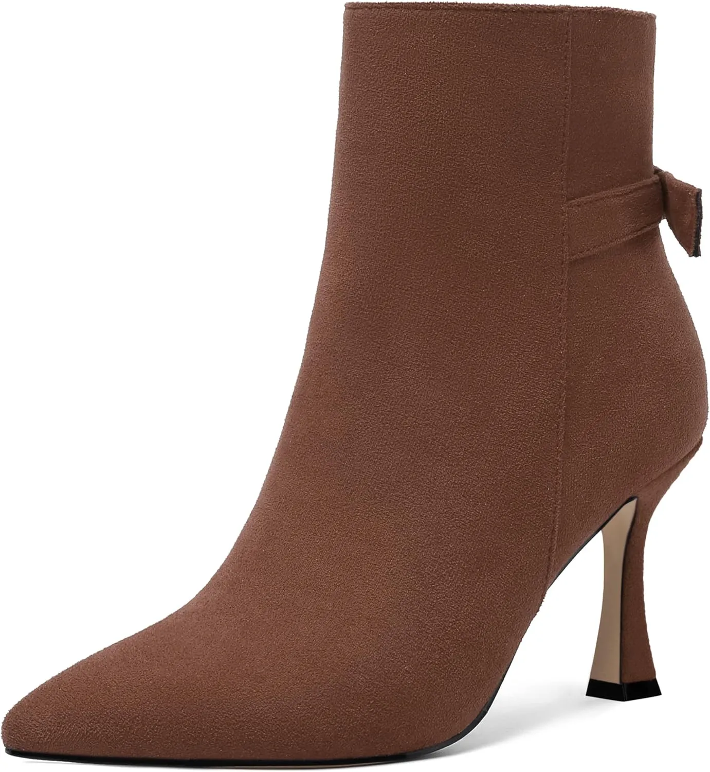 AMBELIGHT Womens Dating Solid Suede Dress Pointed Toe Zip Spool High Heel Ankle High Boots 3.3 Inch